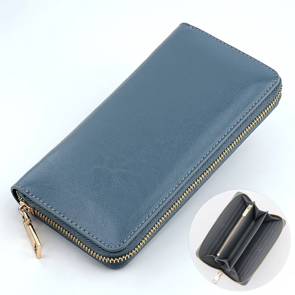 Women's Waxed Cowhide Long Zip-Around Clutch Wallet