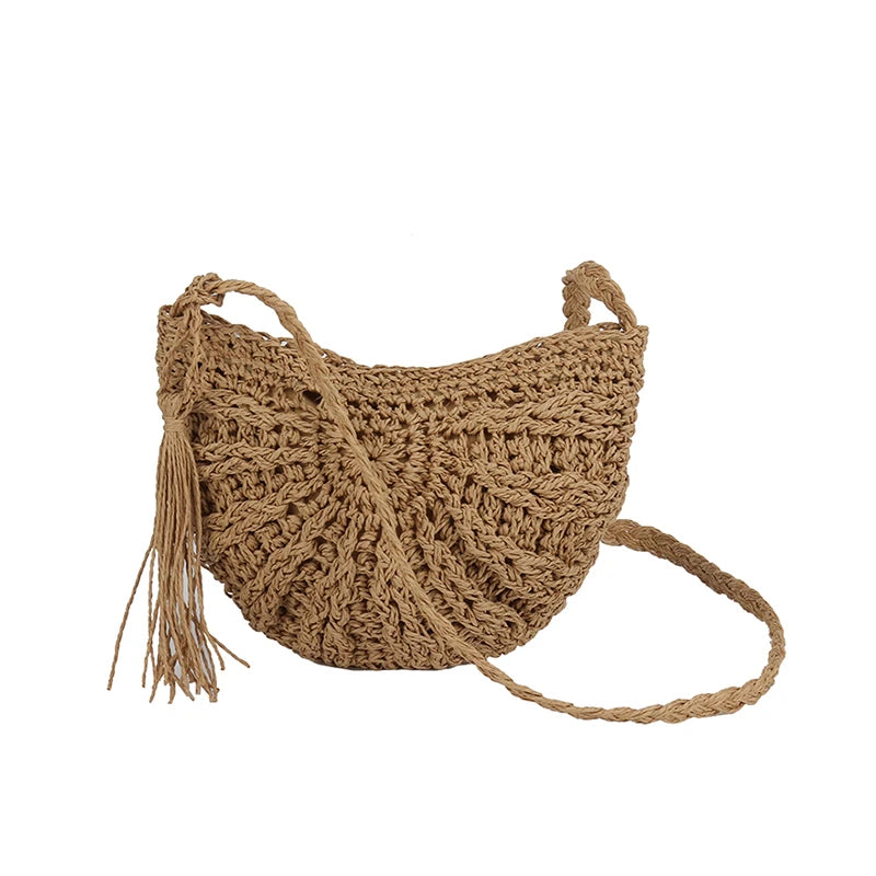 Handmade Straw Woven Crossbody Bag – Boho Semicircle Shoulder Bag