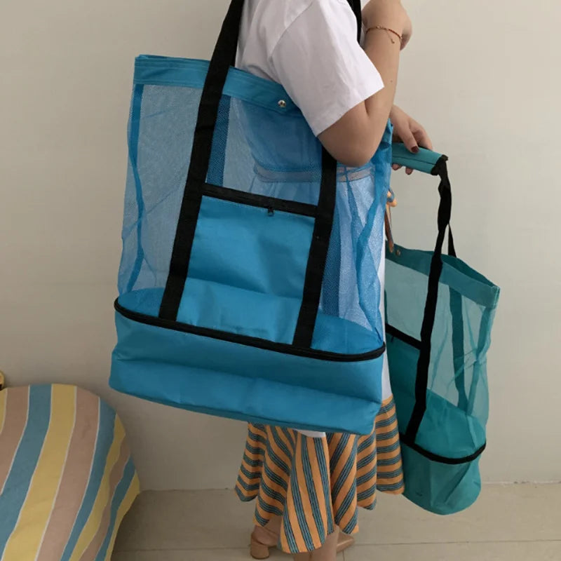 Large Mesh Beach Tote Bag with Waterproof Bottom