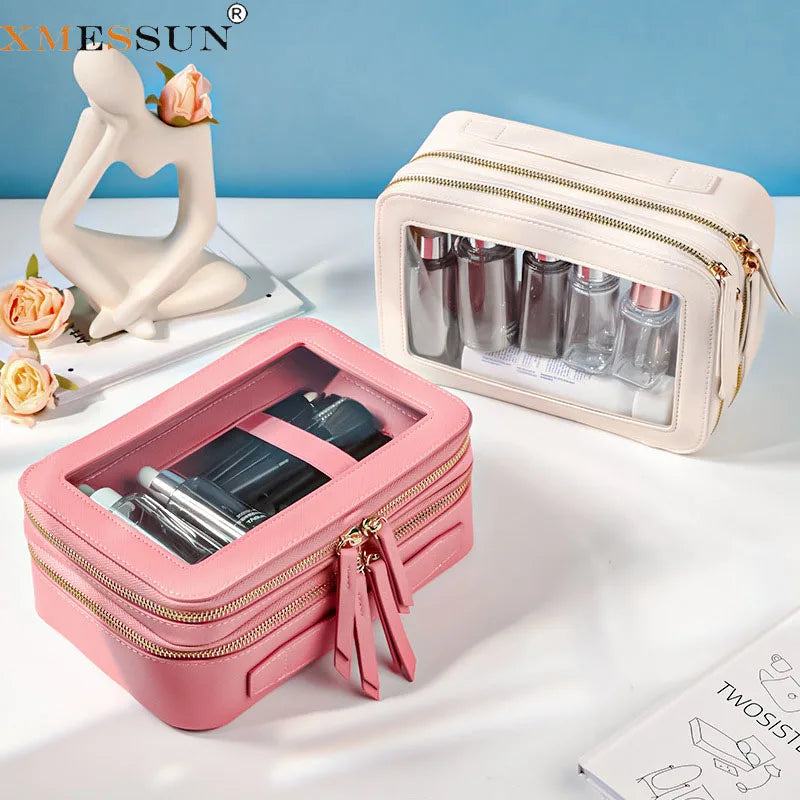 Transparent PVC Window Makeup Bag – PU Leather Travel Cosmetic Organizer