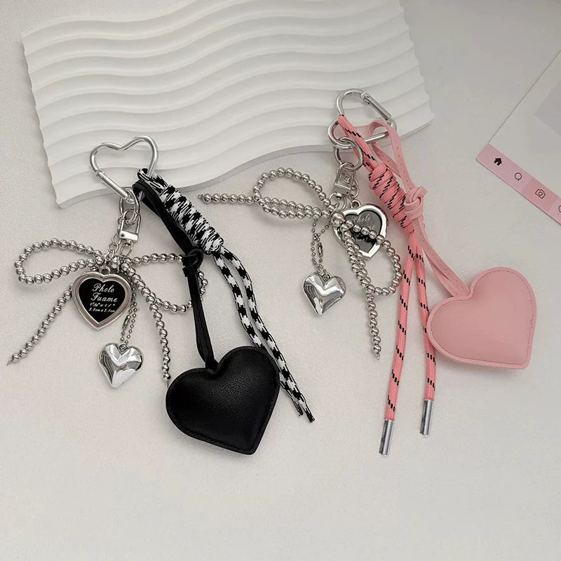 Heart Bow Keychain with Beaded Chain & Leather Pendant
