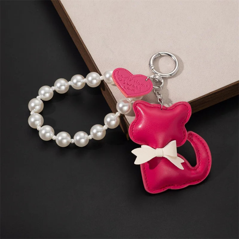 Cute Cat Leather Keychain with Pearl Bracelet & Bow