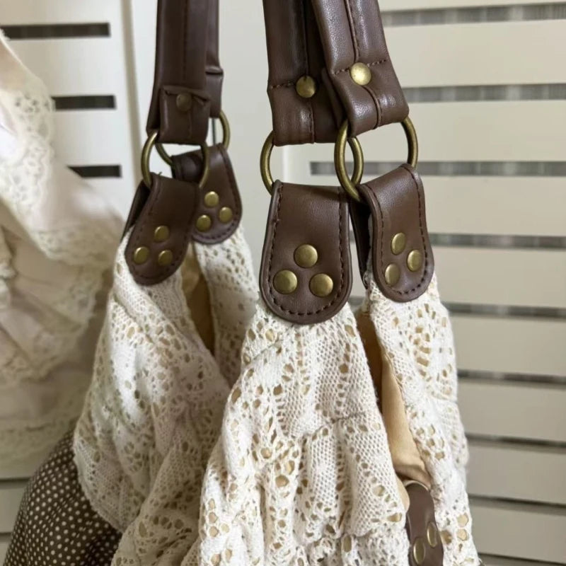 Lace Tote Bag Women's Retro Polka Dot Shoulder Bag