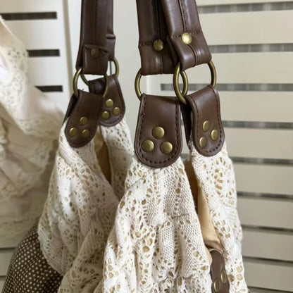 Lace Tote Bag Women's Retro Polka Dot Shoulder Bag