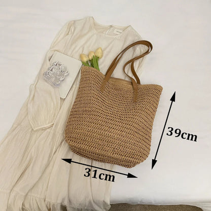 Handmade Straw Woven Round Beach Tote Bag