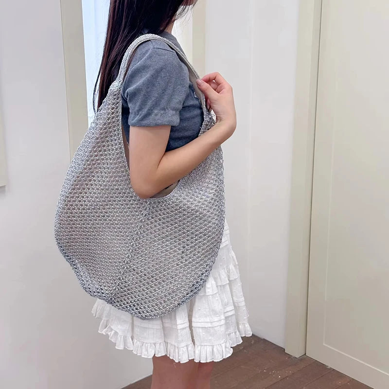 Silver Woven Mesh Hobo Tote Bag Large Capacity for Women