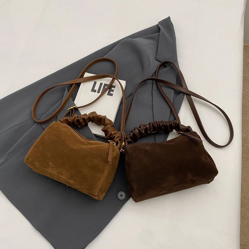 Suede Pillow Shoulder Bag with Ruched Handle for Women