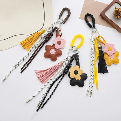 Leather Flower Tassel Keychain Bag Charm with Braided Rope