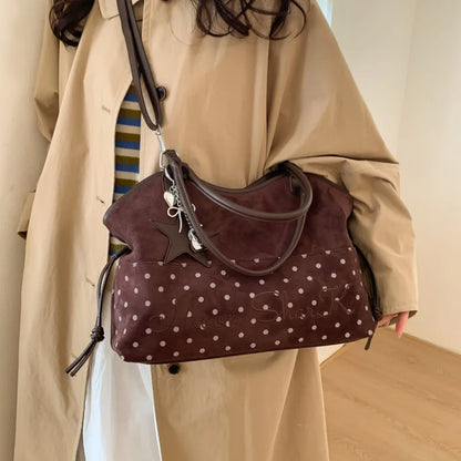 Vintage Polka Dot Tote Bag with Charm – Large Capacity