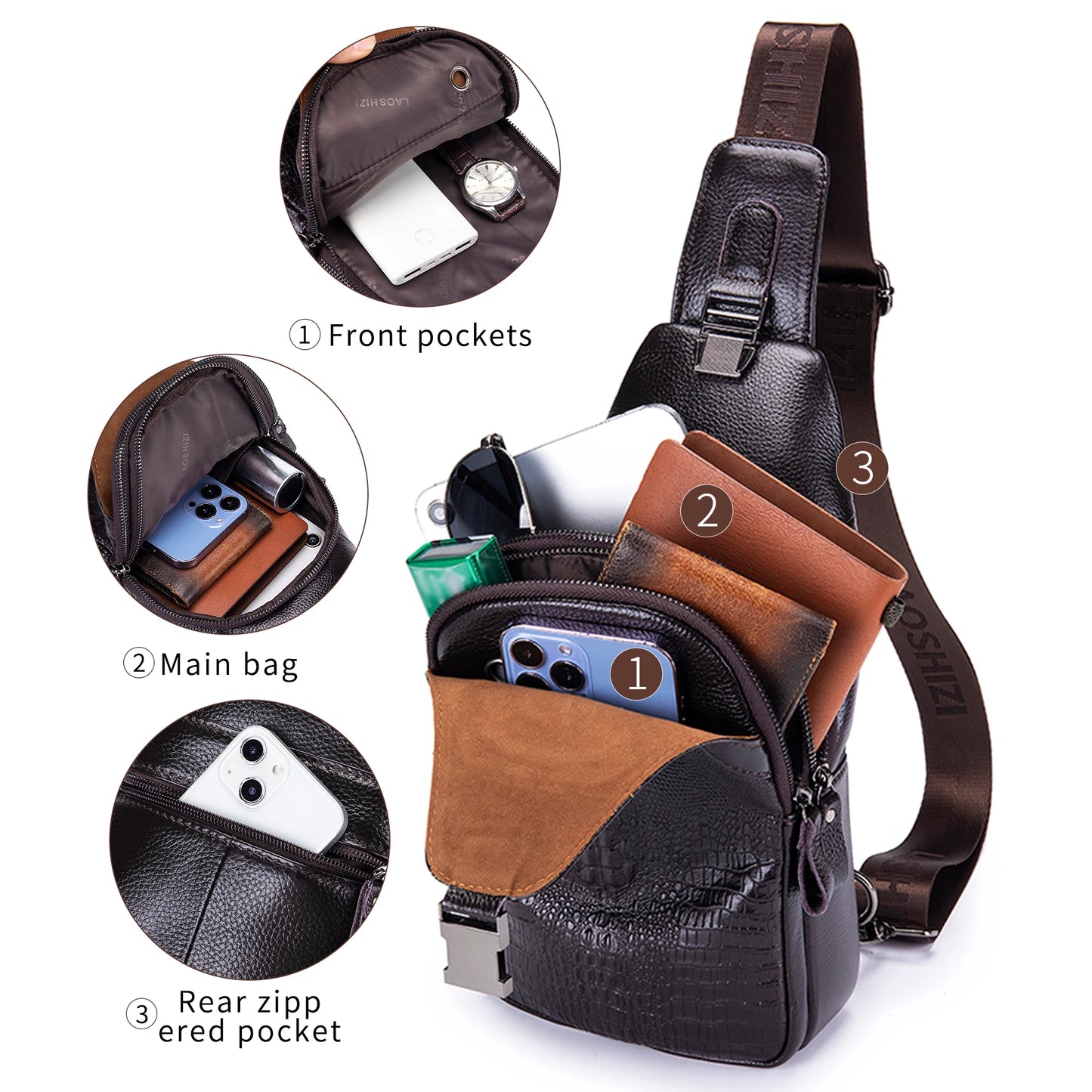 Men's Leather Chest Bag – Crocodile Pattern Sling with USB Charging