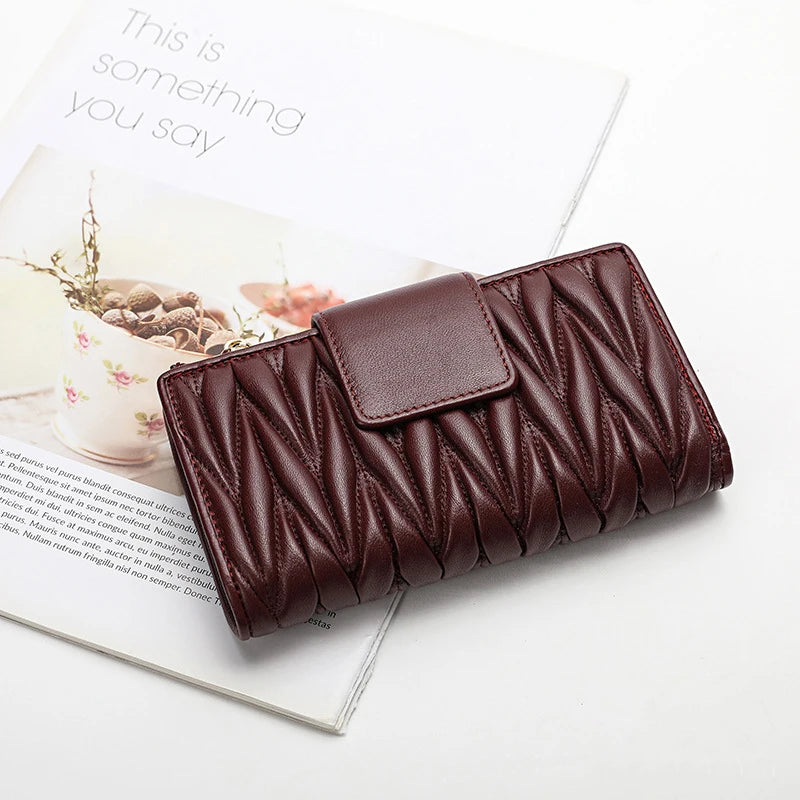 Women's Long Genuine Sheepskin Leather Wallet – Pleated Large Capacity Zipper Clutch