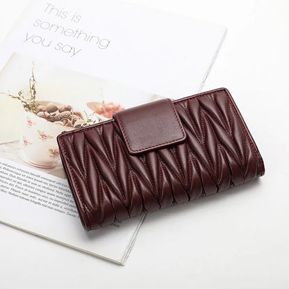 Women's Long Genuine Sheepskin Leather Wallet – Pleated Large Capacity Zipper Clutch