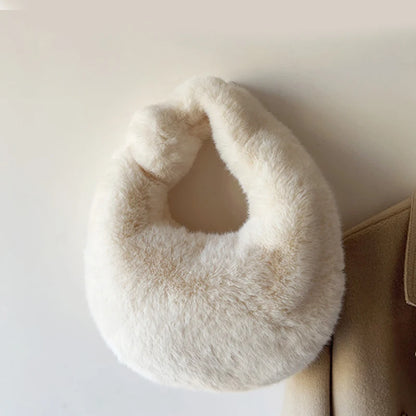 Plush Half Moon Bag – Fluffy Top Handle Clutch for Women
