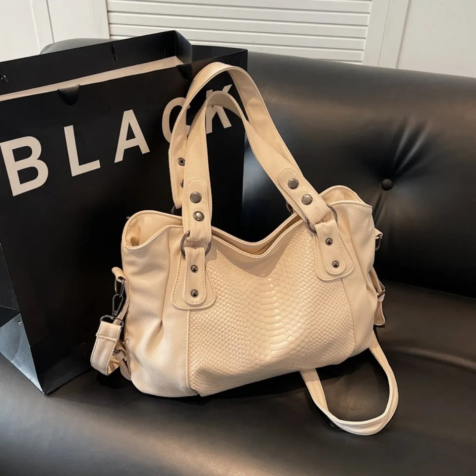 Large Capacity Leather Shoulder Bag for Women – Crocodile Pattern Tote