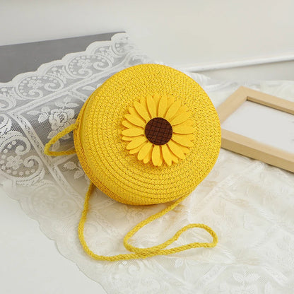 Sunflower Round Straw Crossbody Bag for Women