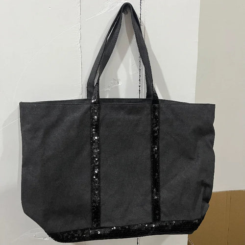 Sequin Canvas Tote Bag – Large Capacity Color-Block Handbag