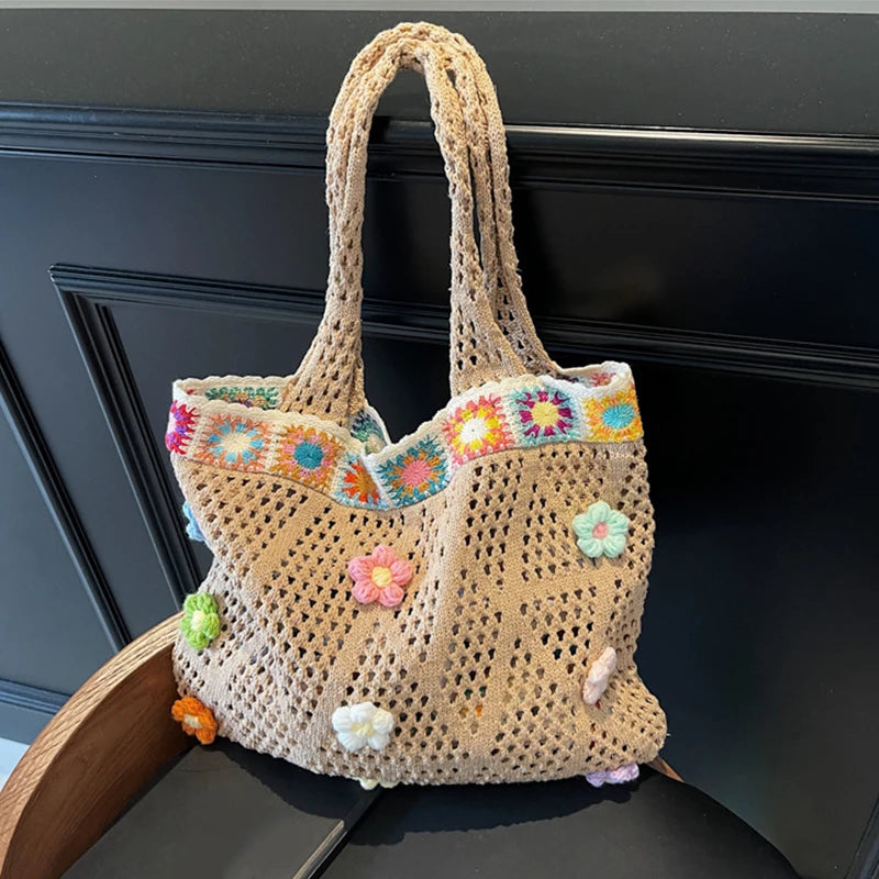 Crochet Flower Beach Tote Bag Women's Boho Shoulder Bag