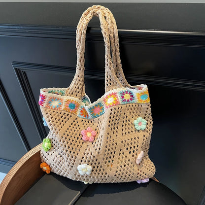 Crochet Flower Beach Tote Bag Women's Boho Shoulder Bag