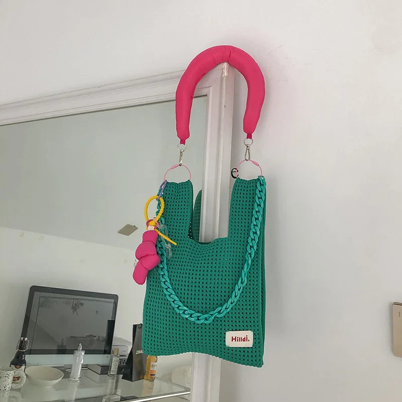 Beach Handbag Girls Summer Rope Hollow Out Hand Woven Shoulder Crossbody Totes Bag Women Knitting