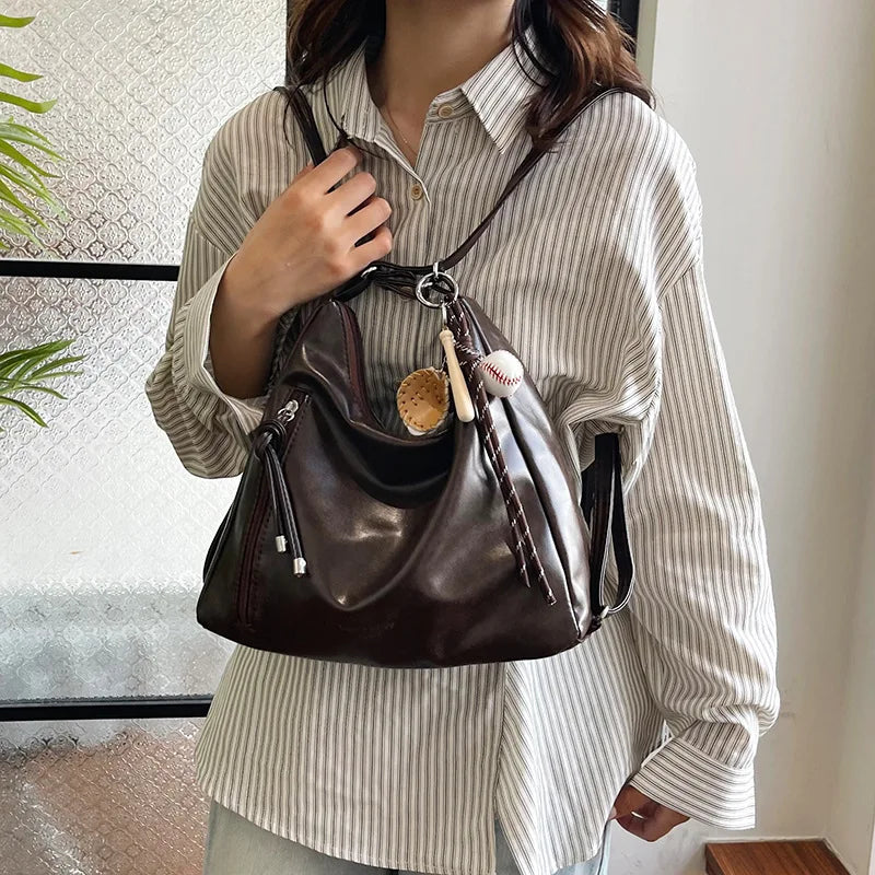 Women's Leather Shoulder Bag – Crossbody Tote with Pendant