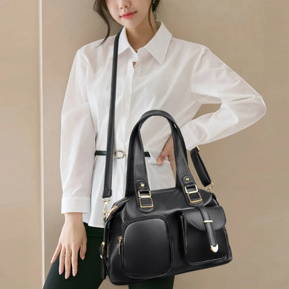 Leather Tote Handbag with Dual Front Pockets & Arrow Hardware