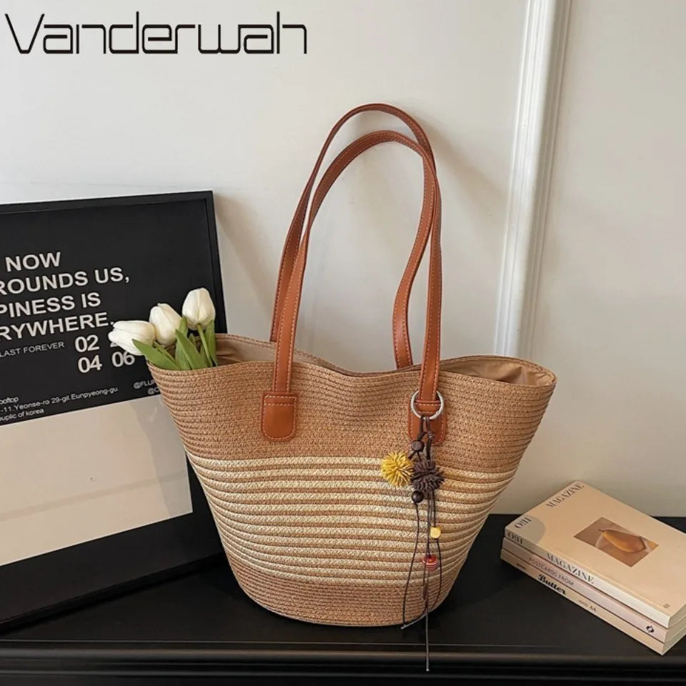 Straw Beach Tote Bag for Women – Large Handmade Stripe Shoulder Bag