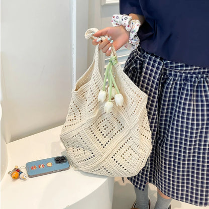 Large Crochet Knit Tote Bag – Vintage Cotton Shoulder Shopper