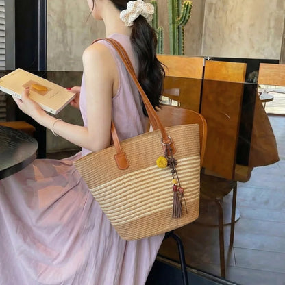 Straw Beach Tote Bag for Women – Large Handmade Stripe Shoulder Bag