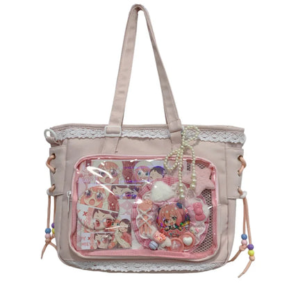 Anime Ribbon Shoulder Bag Large Capacity Cute Soft Girl Tote Handle Comfortable Versatile Texture