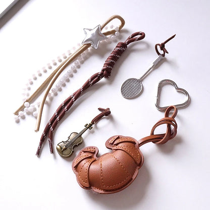 Croissant Leather Keychain – Novelty Bag Charm with Mini Charms