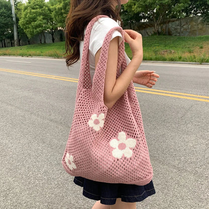 Flower Knit Hollow Tote Bag – Large Capacity Crochet Shoulder Bag for Women