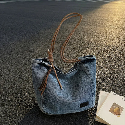 Crossbody Bag Women Vintage Washed Denim Shoulder Large Capacity Comfortable Versatile Texture Bags