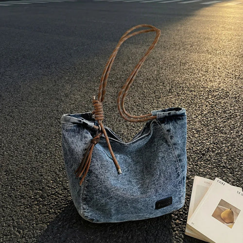 Crossbody Bag Women Vintage Washed Denim Shoulder Large Capacity Comfortable Versatile Texture Bags