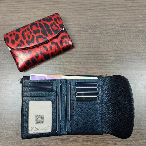 Leopard Print Genuine Leather Short Wallet – Women's Coin Purse