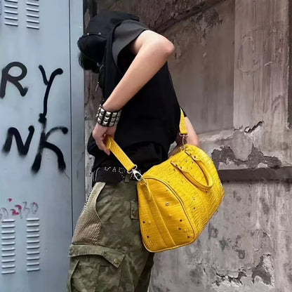 Crocodile Pattern Travel Handbag with Diamond Embellishments