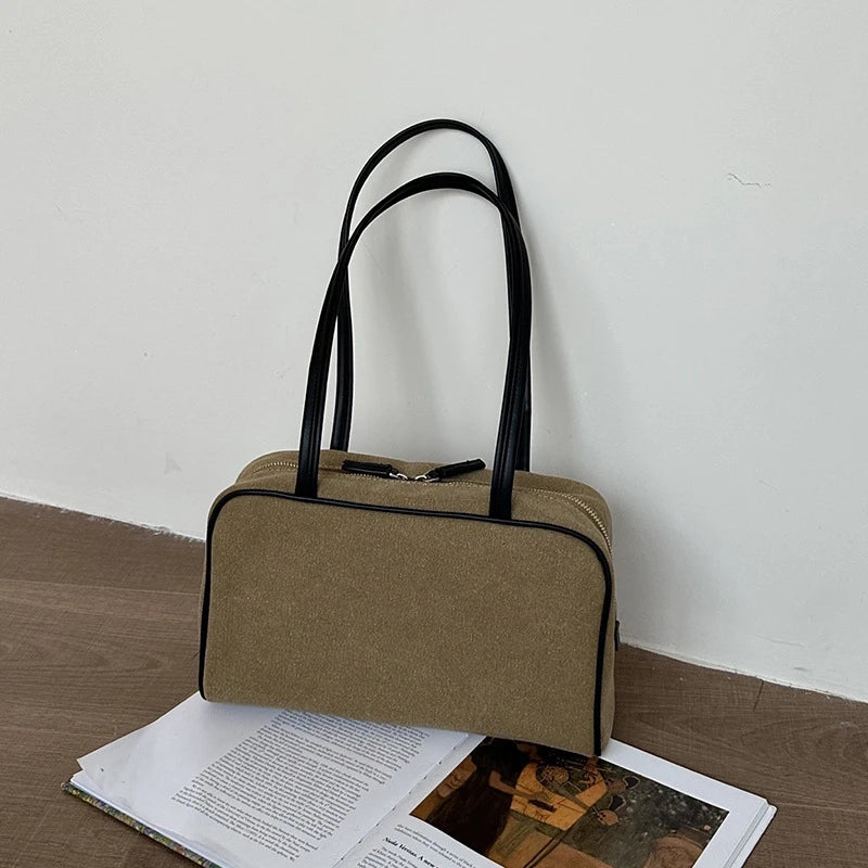 Canvas Bowling Shoulder Bag – Large Capacity Vintage Handbag with Leather Handles