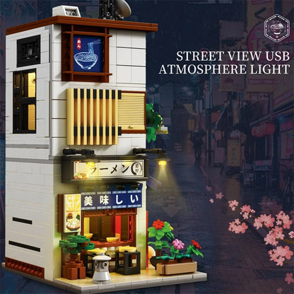 Japanese Ramen Shop Building Blocks Set – MOC Street Scene with Lights