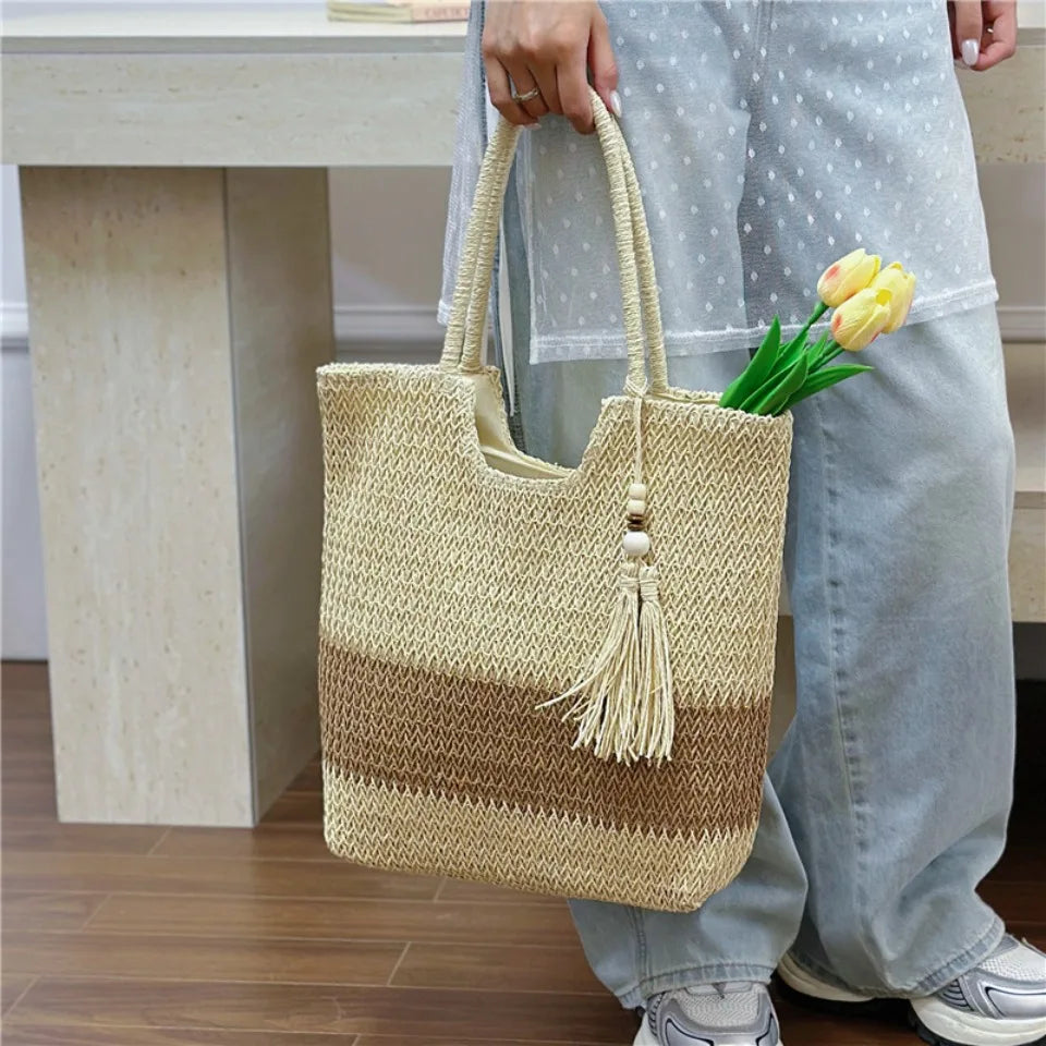 Women's Straw Beach Tote Bag – Large Capacity Handwoven Shoulder Bag
