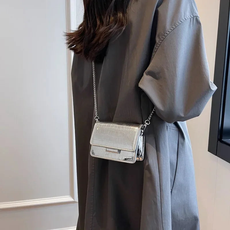 Vintage Women Silver Chic Crossbody Bag Luxury Designer Small Shoulder Bags Gold Mini Square Cute Pu