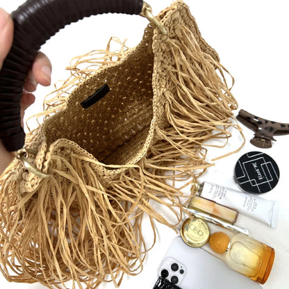 Tassel Fringe Straw Shoulder Bag – Large Boho Beach Handbag