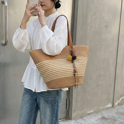 Straw Beach Tote Bag for Women – Large Handmade Stripe Shoulder Bag