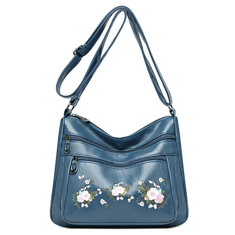 Flower Embroidery Crossbody Bag for Women – Luxury Multi-Pocket PU Leather Handbag