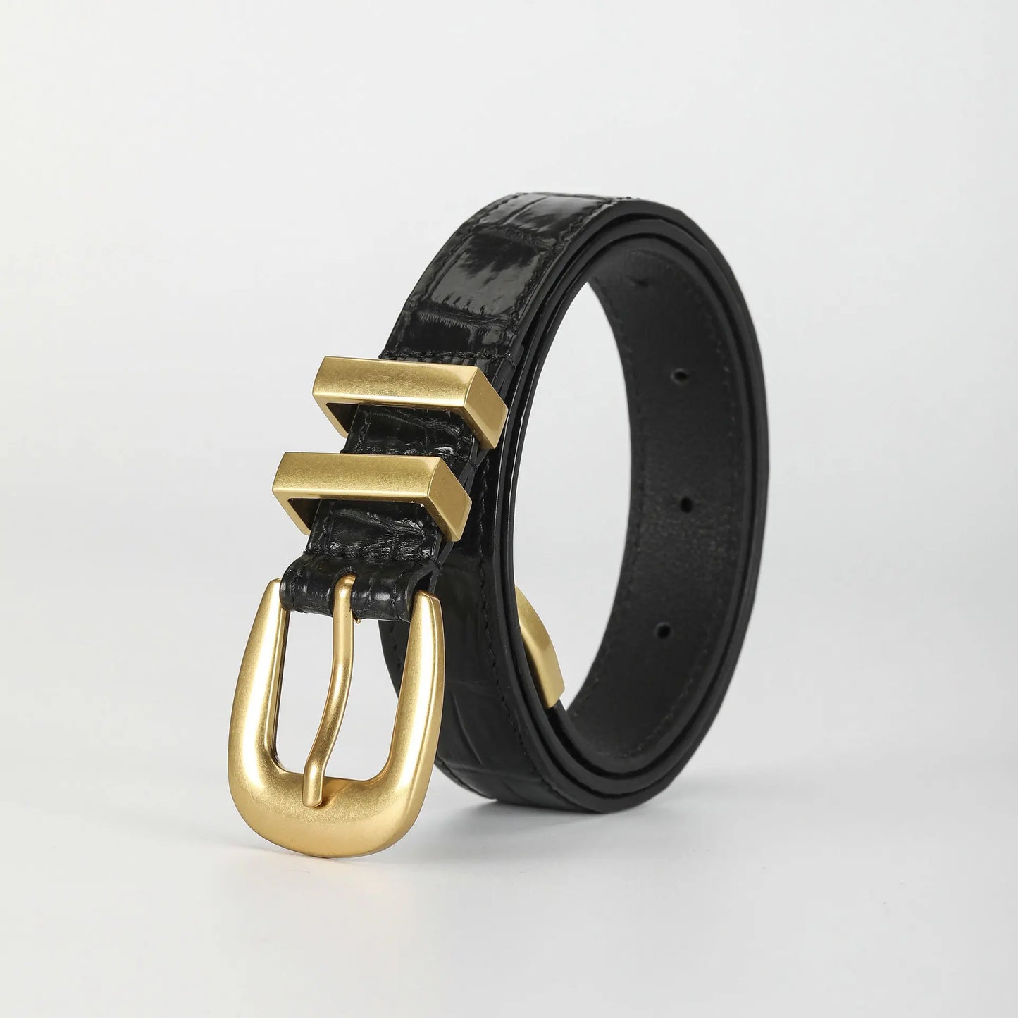 Women's Crocodile Leather Belt with Gold Pin Buckle