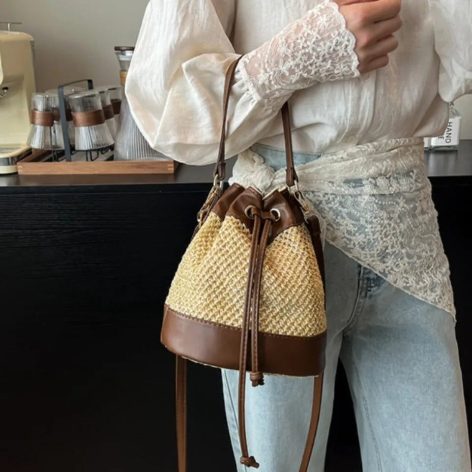 Woven Straw Bucket Bag – Women's Drawstring Crossbody