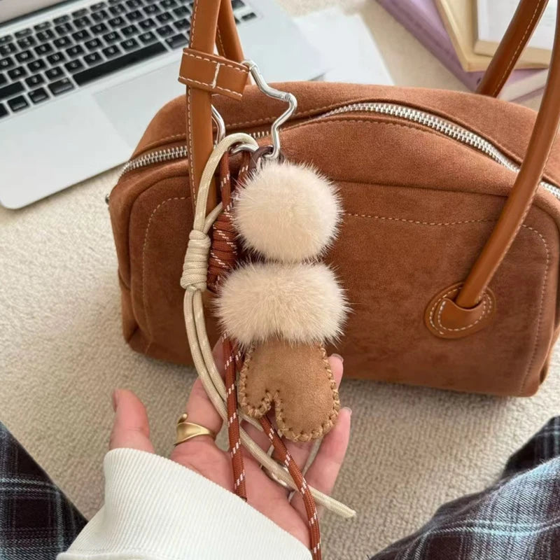 Fluffy Pom Pom Keychain with Leather Mitten Bag Charm for Women
