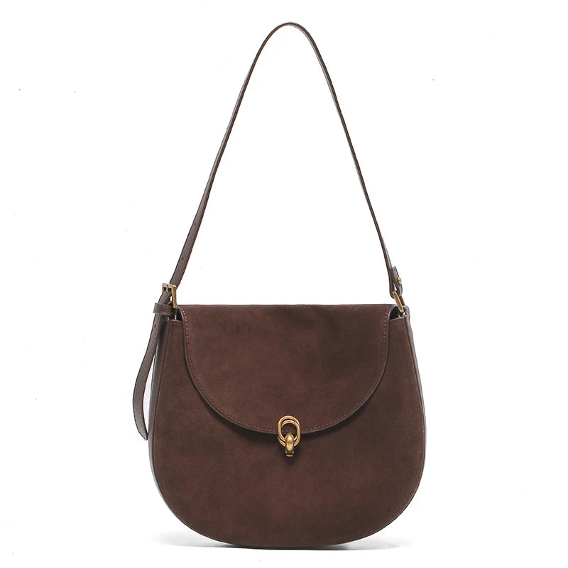 Genuine Leather Saddle Bag – Women's Large Capacity Crossbody with Gold Buckle