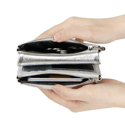 Metallic Genuine Leather Tri-Fold Women's Wallet Organizer Purse