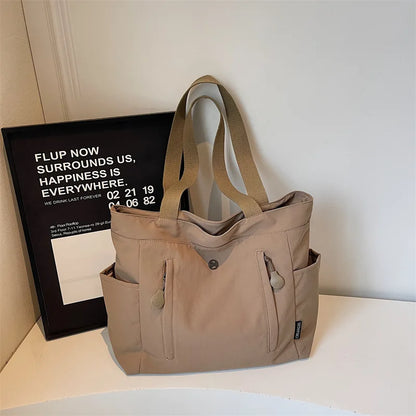 Large Canvas Tote Bag – Korean Style Multi-Pocket Shoulder Bag