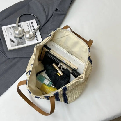 Striped Woven Straw Tote Bag – Large Capacity Shoulder Bag for Women
