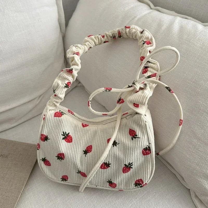 Strawberry Print Corduroy Shoulder Bag – Cute Women's Underarm Tote